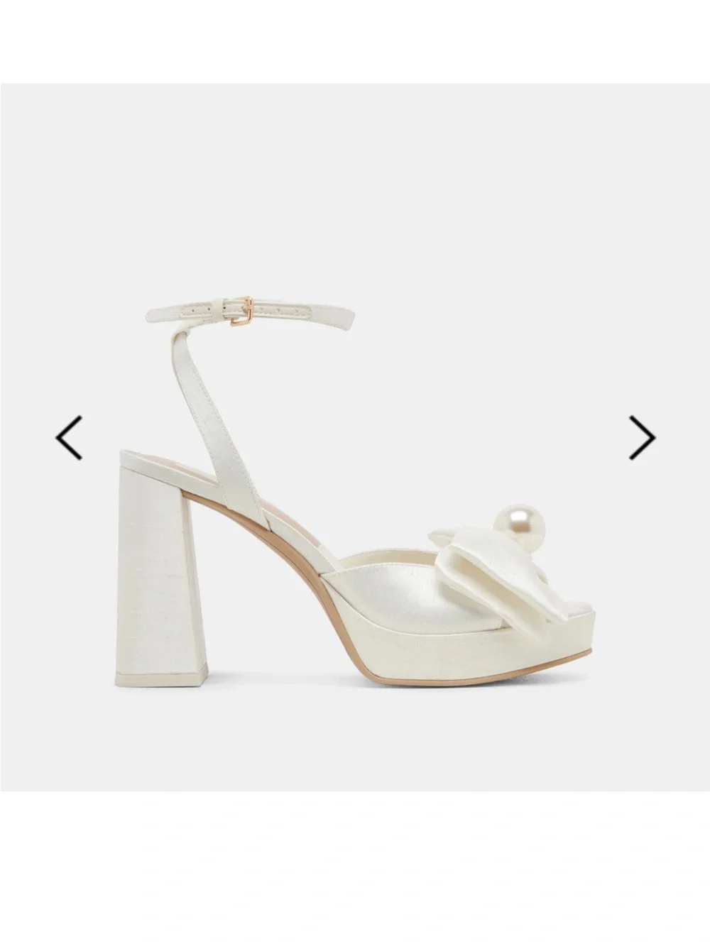Dolce Vita “Patton” White Satin Platform Heels with Bow & Pearl